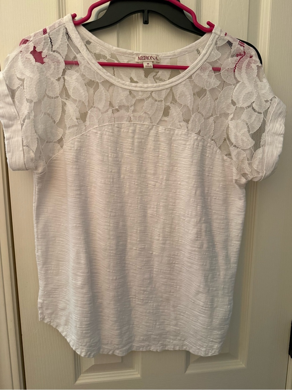 Merona White Lace Yoke Short Sleeve Blouse - Picture 1 of 3